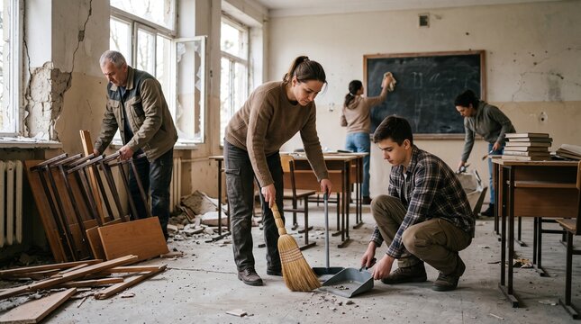 Community volunteers clean up a destroyed classroom after conflict, symbolizing hope and rebuilding efforts