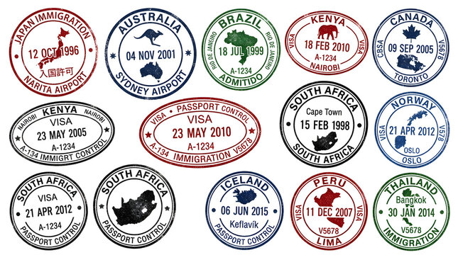 Passport Stamps Collage: A vibrant collection of international passport stamps, each signifying a journey to a different country, showcasing travel history and global adventure.