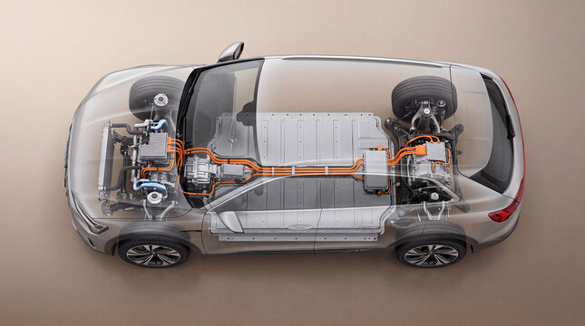 Electric vehicle internal view electric motor battery pack chassis power cable drive unit wheel suspension transport