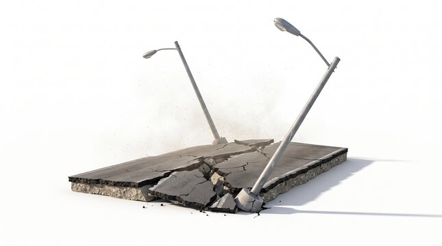 Damaged Road Section with Streetlights After Earthquake or Disaster Isolated on White Background