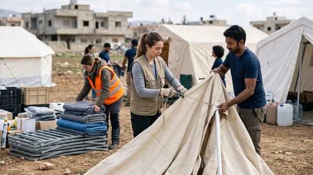 Humanitarian aid workers set up a tent in a refugee camp, providing essential shelter and support to displaced people amidst challenging conditions.