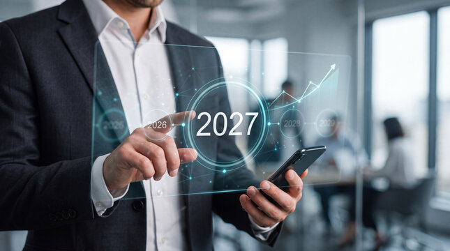 2027 year planning business man using smartphone in office with digital chart and strategy interface