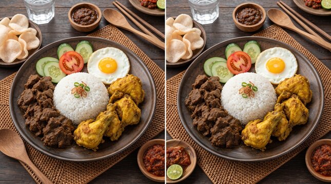 Indonesian Nasi Campur with beef rendang and fried chicken, traditional rice platter with egg and sambal, authentic Asian cuisine