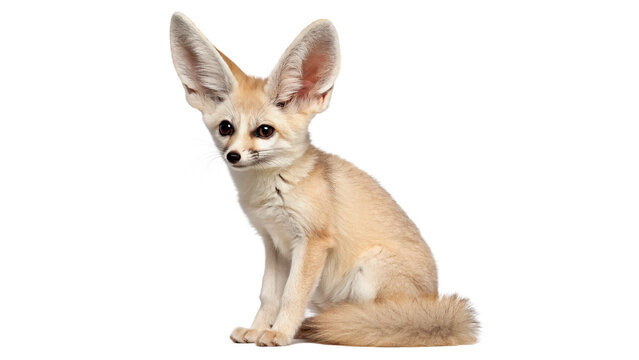 Cute small sandy colored fennec fox sitting isolated on transparent background