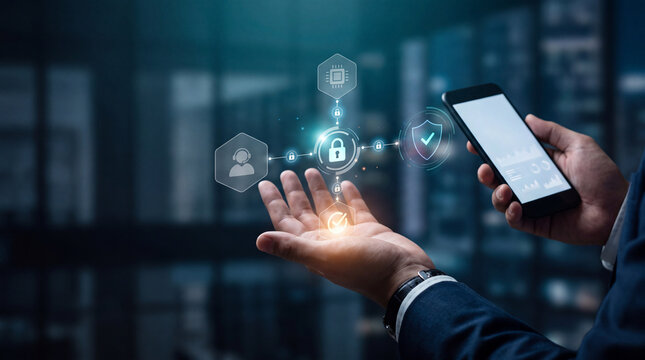 Smartphone hand security digital lock verification mobile app connected network data protection cyber technology