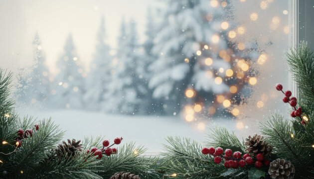 Winter pine branch red berry pine cone snowy forest window light bokeh festive holiday scene