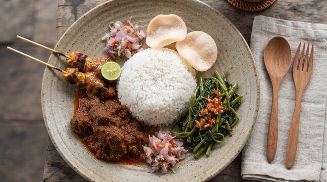 Indonesian Nasi Campur with beef rendang and chicken satay. Traditional Balinese rice plate with vegetables and crackers. Authentic Asian cuisine.
