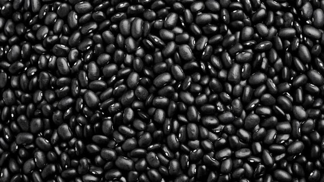 Raw black beans texture background. Natural organic uncooked legumes. Vegetarian food. Rotation