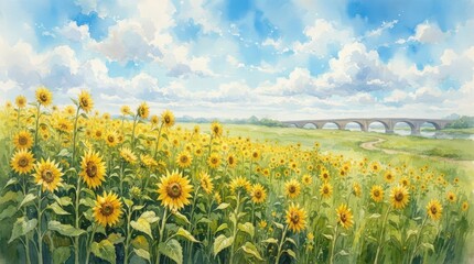 Fototapeta premium Vibrant sunflowers blooming under a bright blue summer sky with fluffy white clouds, anime style digital illustration