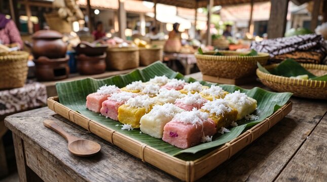 Traditional Indonesian Getuk Cassava Cake with Grated Coconut