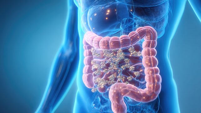 Colon polyps medical 3D illustration, benign growth on colon intestinal wall, gastrointestinal disease, polyp formation inside large intestine, human digestive system anatomy, health care concept for 