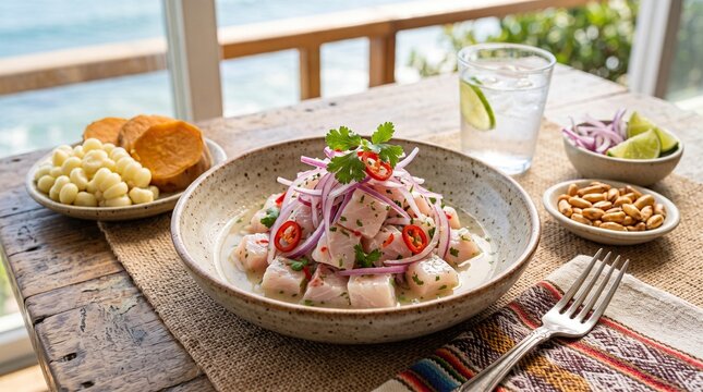 A vibrant and fresh ceviche dish, a Peruvian culinary delight, is beautifully presented on a rustic wooden table. Accompanied by corn, sweet potato, and toasted peanuts.