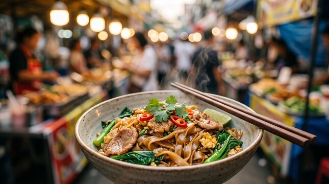 Delicious Pad See Ew noodle dish served in a bowl with chopsticks on a vibrant Asian street food market background
