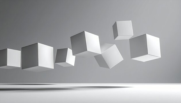 Minimalist white geometric cubes floating above soft gray background with subtle shadows