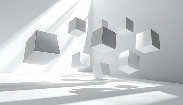 Abstract geometric cubes floating in soft white space with realistic shadows