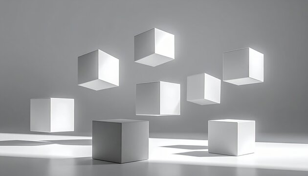 Minimalist white geometric cubes floating above soft gray background with subtle shadows