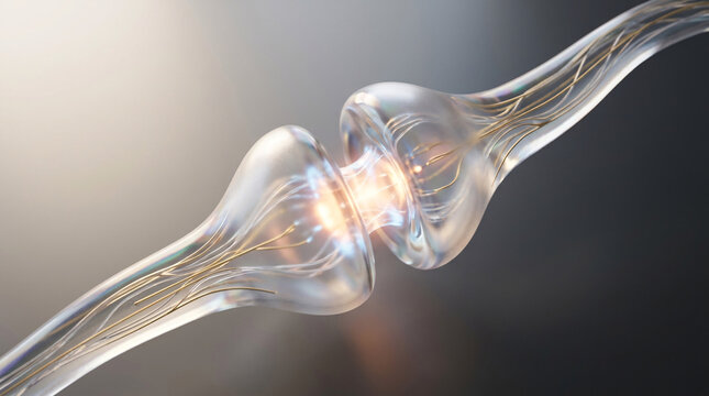 A close-up, 3D illustration showcases the intricate structure of a neural synapse, with electrical impulses firing across the gap, representing the communication within the human brain.