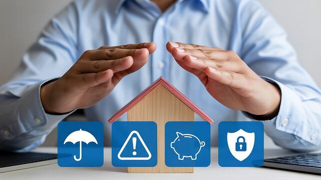Financial protection concept with hands covering a house and security icons