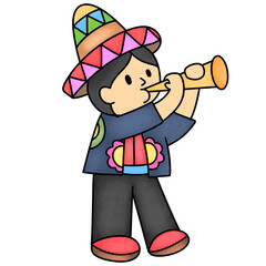 cute boy in sombrero playing trumpet mariachi musician character mexican dia de los muertos © Krataetiya