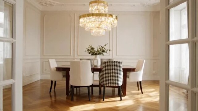 Elegant dining room interior with luxurious gold crystal chandelier over dark wood table surrounded by white and houndstooth chairs in bright sunlit setting.