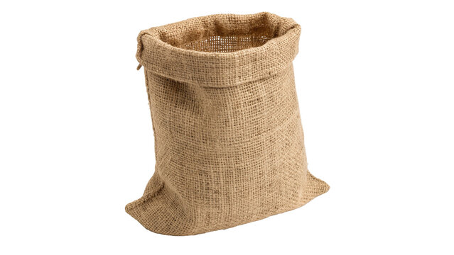 Natural brown burlap fabric sack cloth bag empty mockup isolated on white background