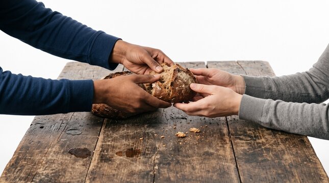 Two people sharing a loaf of artisan bread over a rustic wooden table, symbolizing community and sustenance