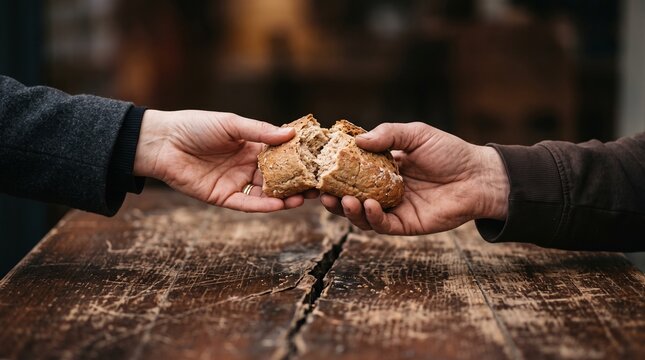 Two Hands Sharing a Broken Loaf of Bread Over a Cracked Wooden Table Symbolizing Generosity and Community