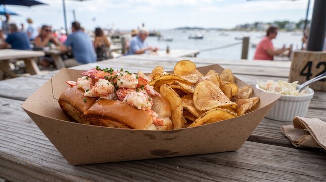 Fresh lobster roll with crispy potato chips, traditional seafood lunch at outdoor coastal restaurant, New England style summer meal