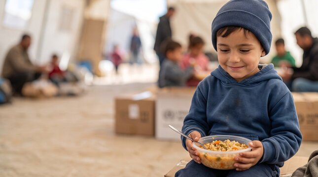 A young child in a warm blue hat and hoodie sits in a refugee camp, holding a bowl of food with a hopeful smile. The background shows tents and other people seeking shelter.