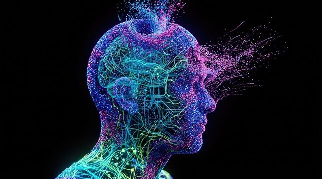 Abstract digital human head with glowing neural networks and exploding particles representing artificial intelligence and consciousness