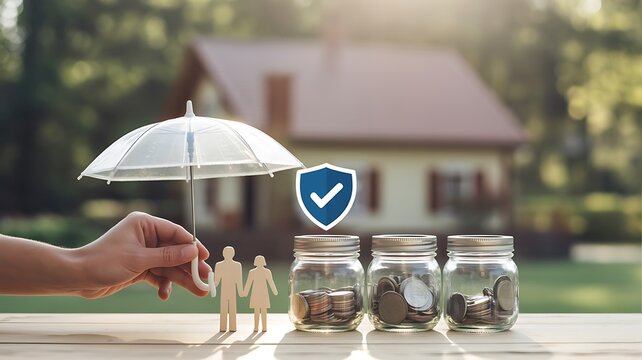 Savings and financial security concept with coins, jars, shield and house background