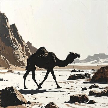 Silhouette of a camel walking across a desert landscape.