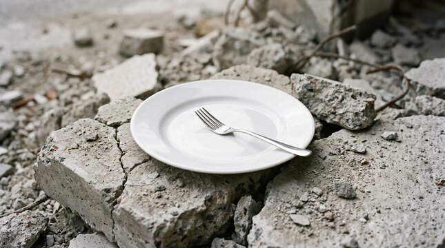 Empty white plate and fork resting on rubble symbolizing hunger and scarcity in a desolate environment