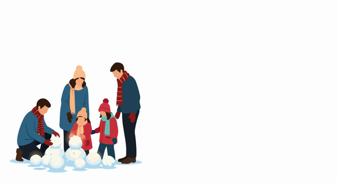 Winter family playing with snow vector illustration featuring happy relatives building snowman together in cold season.
