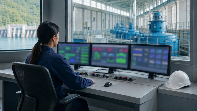 Operator monitoring hydroelectric power station control room