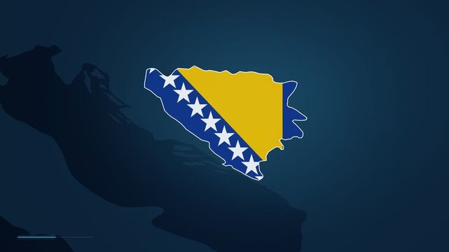 Digital map footage zooming in to highlight the city of Sarajevo in Bosnia and Herzegovina, Europe, with a location pin and geographic locator displayed