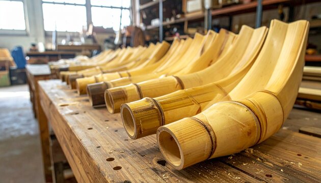 Handcrafted wooden alpine horns in a workshop setting.