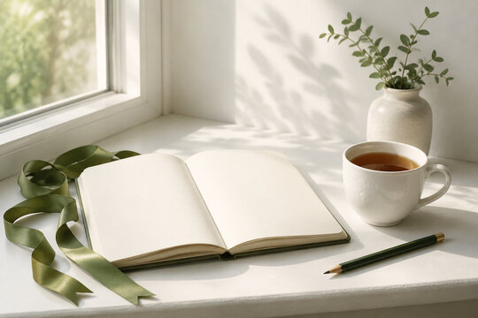 Open blank notebook with green ribbon, white cup of tea and pencil on window ledge, mindfulness self-care concept