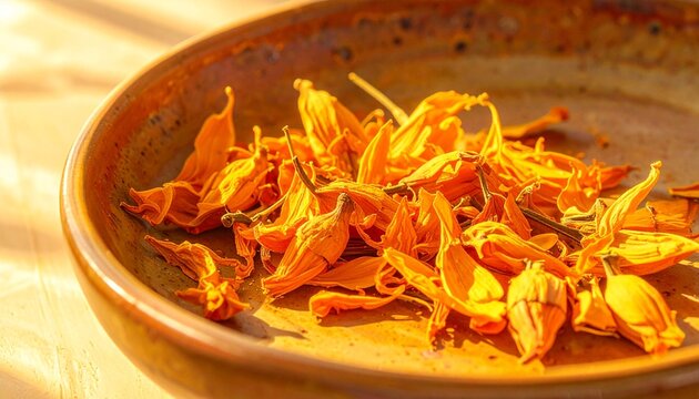 Dried Marigold Petals in Ceramic Bowl on Table.