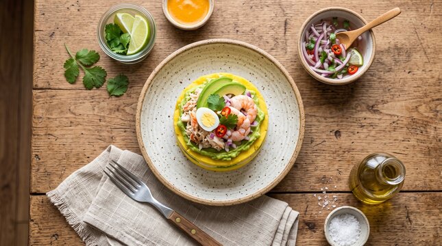 Delicious Peruvian Causa Rellena with Shrimp Avocado and Quail Egg on Rustic Wooden Table