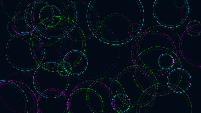 Abstract dashed circles pattern in neon colors against a dark backdrop