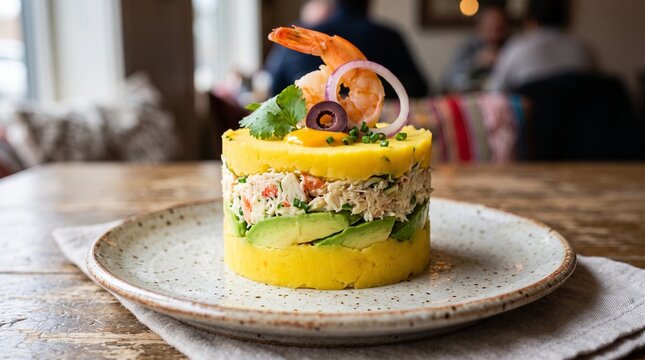 Delicious Peruvian Causa Rellena with Shrimp and Avocado layers served on a rustic plate in a restaurant setting
