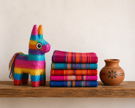 Handcrafted miniature pi&ntilde;ata with folded textiles and clay pot, Mexican folk art and cultural craft concept