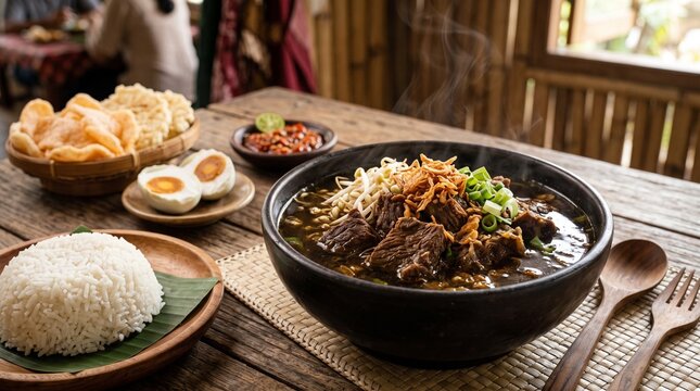 Authentic East Javanese Rawon Black Beef Soup with Rice