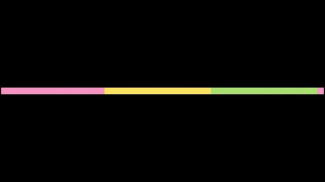 Horizontal progress bar with colorful segmented sections for loading process, data measurement, step completion, workflow status, and graphic timeline elements on transparent background