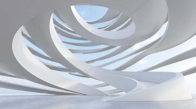 Futuristic swirling white parametric ribbon architectural structure opening to open sky.