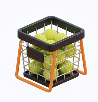 3D Render of Metal Wire Basket Filled with Yellow Padel Tennis Balls