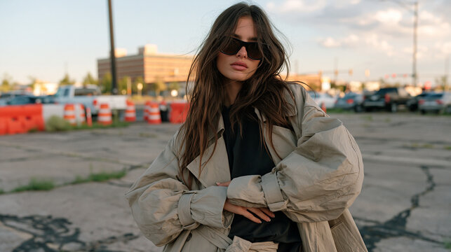 An influencer model standing alone in a cracked urban wasteland lot, styling her own content shoot without a crew, quantitative easing era luxury fashion framing a desolate backdrop, solitary crowd 
