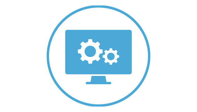  Computer screen monitor displaying engineering gears icons inside circular light blue badge setting options configuration technical symbol vector