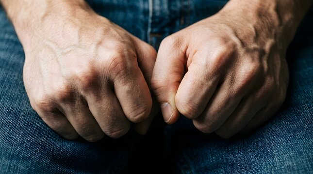Clenched man hands resting on denim jeans expressing stress and tension